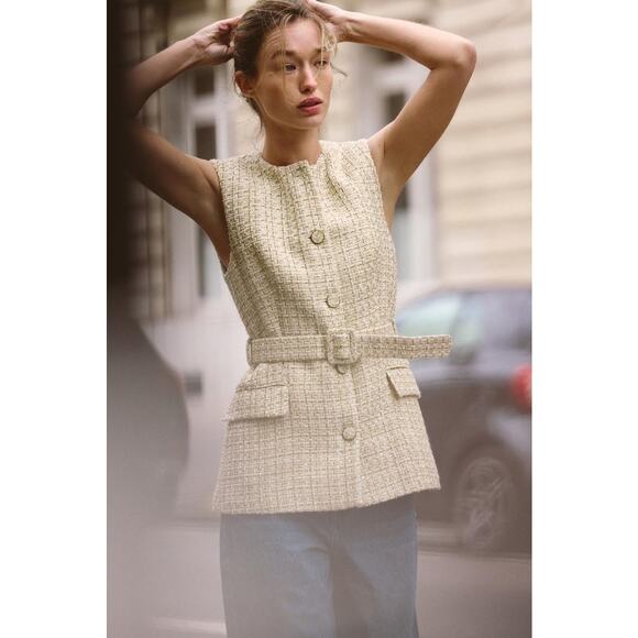 Zara Textured Sleeveless Button Front Vest Waistcoat With Belt Beige Women's M - Picture 2 of 8